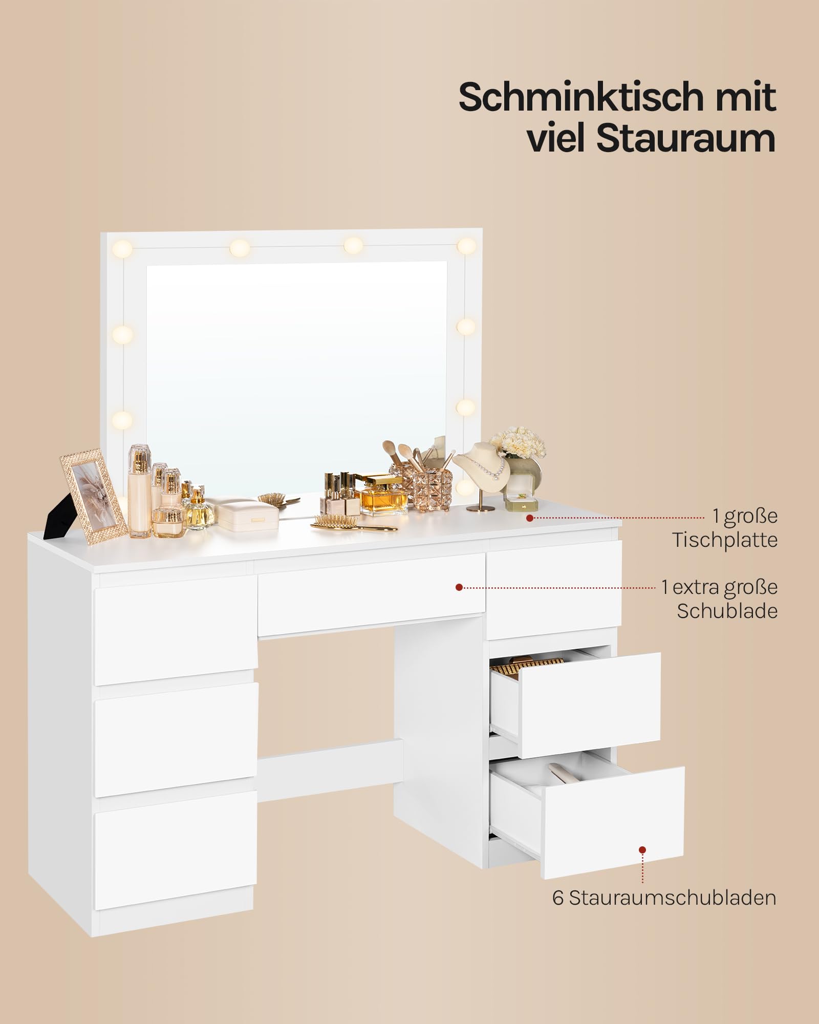WOLTU Schminktisch mit Beleuchtung und Spiegel, einstellbare Helligkeit, Großer Schminktisch mit 7 Schubladen, moderner Frisiertisch für Schlafzimmer, 107 x 40 cm, Holz, Weiß