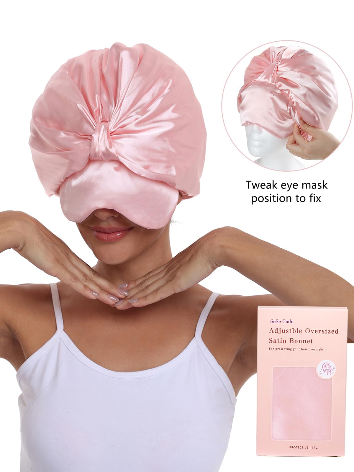 Satin Bonnet With Eye Mask Adjustable for Sleep Curly Hair Women\'s Pink Bonnet Queen Satin Silk Sleeping Cap - Adjustable Mr  main image 2