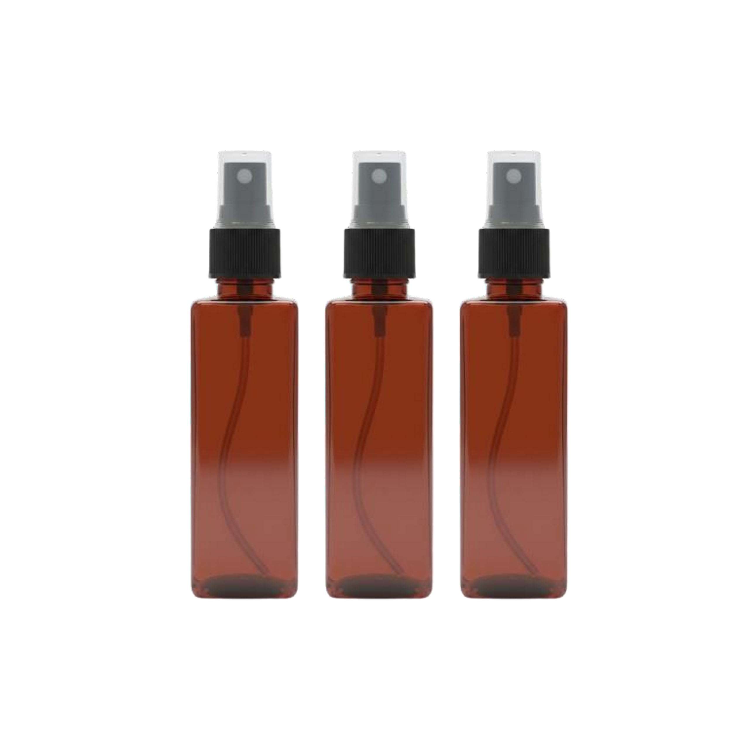 pharcos refillable empty brown spray bottle 100ml | empty plastic spray bottles for sanitizer, beauty & cleaning | leak proof black sprayer | square shape | pack of 3