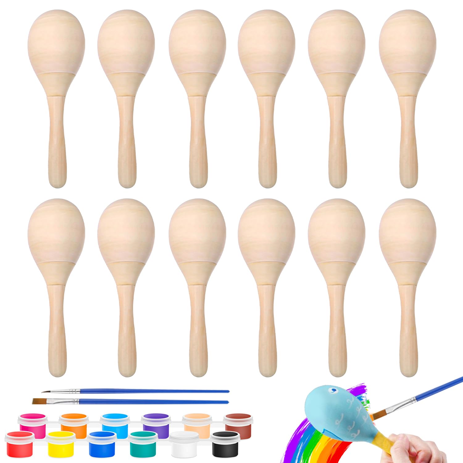 24 Mini Maracas En Bois à Peindre - Avec 24 Stylos Couleur - Instrument Musique Pour Fête École Carnaval - DIY