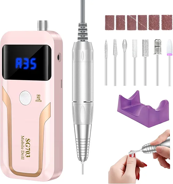Portable Nail Drill Professional 35000 RPM, MOCOWIND Rechargeable Electric Nail File Machine E File for Acrylic Gel Polishing Removing, Cordless E-File with Bits Kit for Manicure Salon Home,Pink