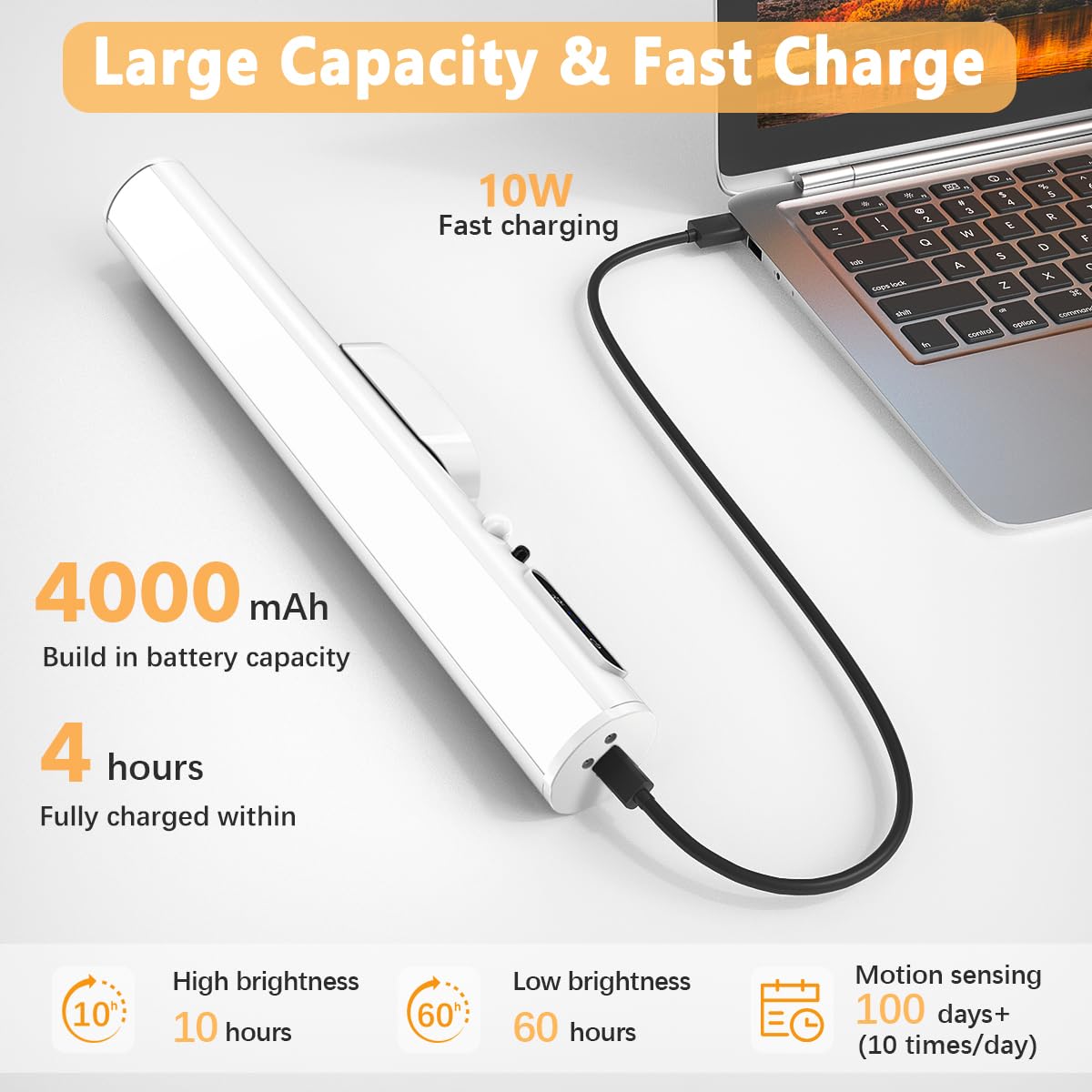 Lumiere Detecteur de Mouvement Interieur, 4000mAh Lampe Murale Sans Fil Rechargeable USB, Reglette LED Cuisine Aimantée, Barre Lumière a Pile pour Placard, Tableau, Armoire, Salle de Bain