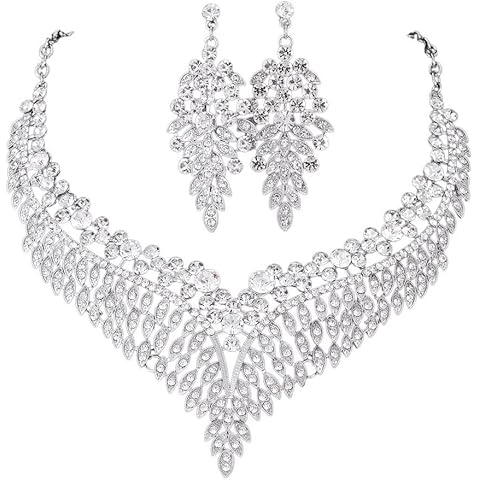 Zthread Wedding Bridal Jewelry Set Silver Crystal Rhinestone Statement Necklace Vintage Collar Necklace Dangle Earrings Set for Women (White) Cover