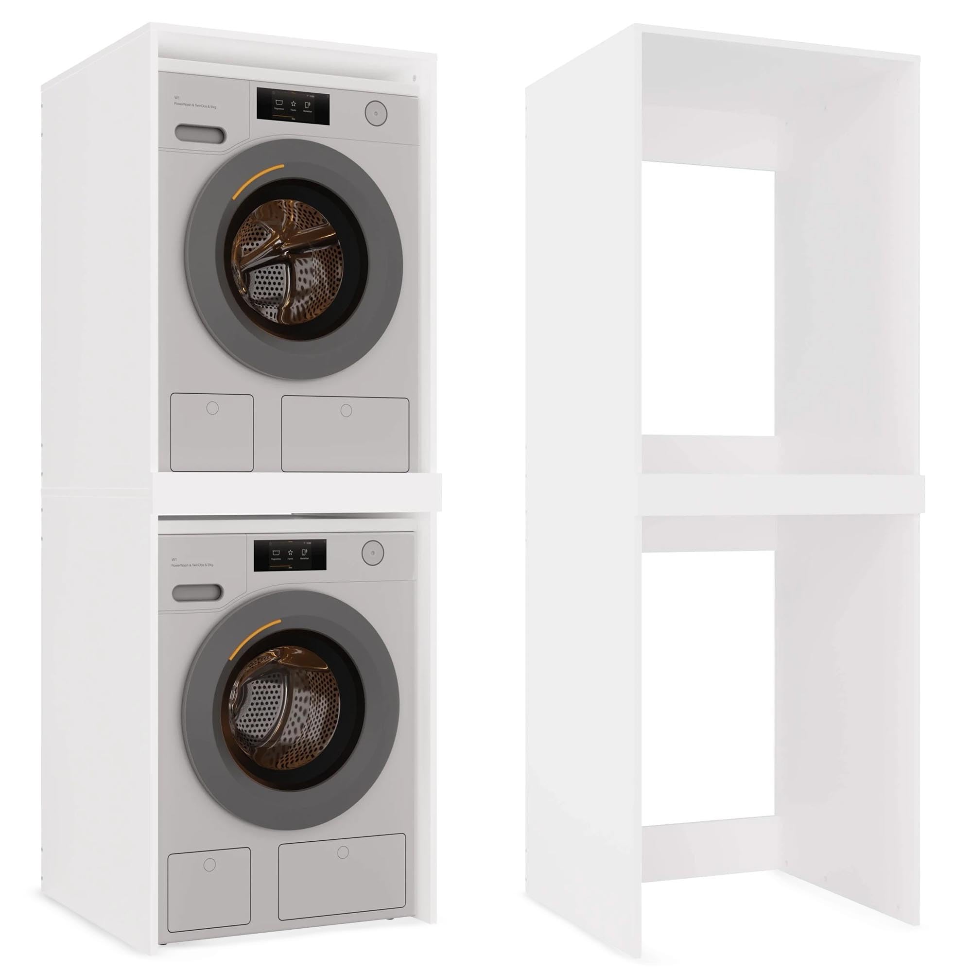 CDF Waschmaschinenschrank DOPPELT Hochschrank für Waschmaschine Wäschetrockner Badschrank Trockner Schrank Waschmaschinenschrank Überbauschrank 64x64x180 cm Badregal Robuste Platte Weiß - Pola