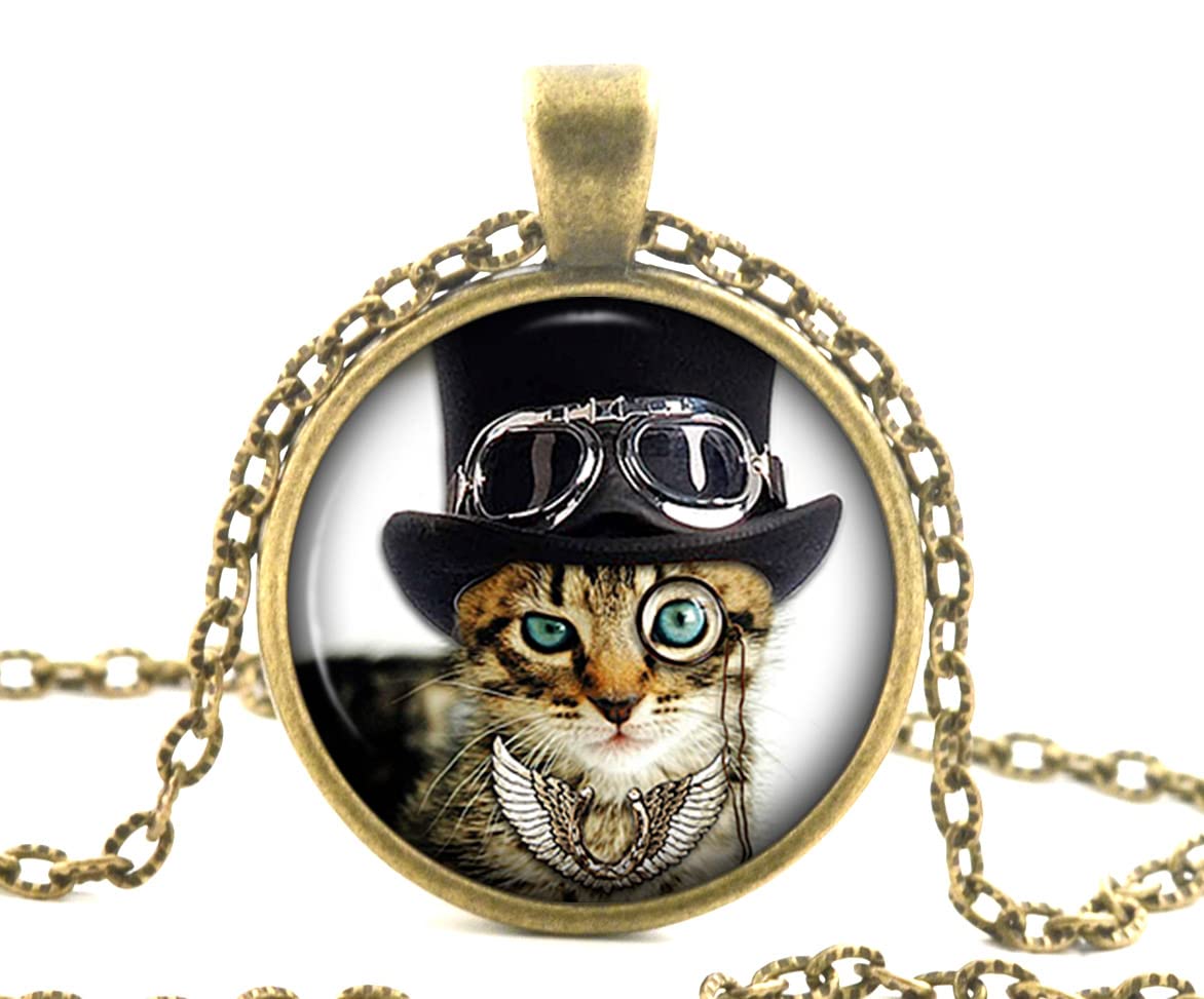 Steampunk Cat Necklace Pendant, Vintage Kitten Jewellery for Women Kids