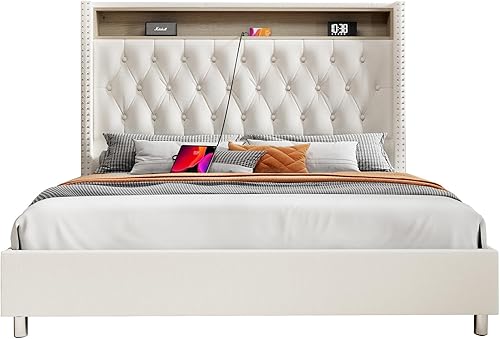 Miniatura 8 de Jocisland Base de cama LED tamaño Queen con estación de carga, marco de cama tapizado con cabecero de almacenamiento de luz nocturna activada por