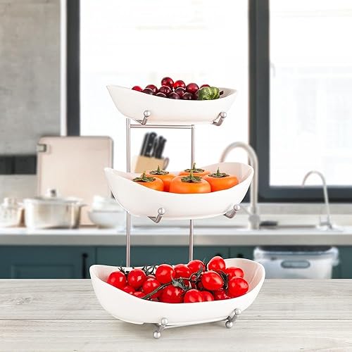 Miniatura 10 de YYW Frutero de 3 niveles para encimera de cocina, soporte de frutas de cerámica blanca para encimera, estante de frutas para el hogar con soporte,