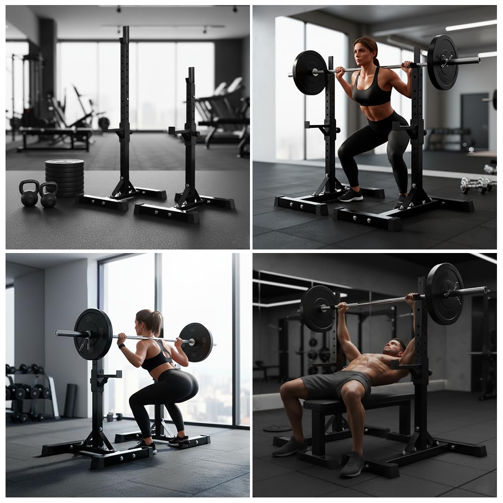 ManiBoom Soporte Barra Pesas para Sentadillas o Press Banca ESTABLE - Maquina Sentadillas Max. 300KG - Rack Musculación AJUSTABLE a 13 Alturas - Soporte Pesas Compacto para Gym en Casa