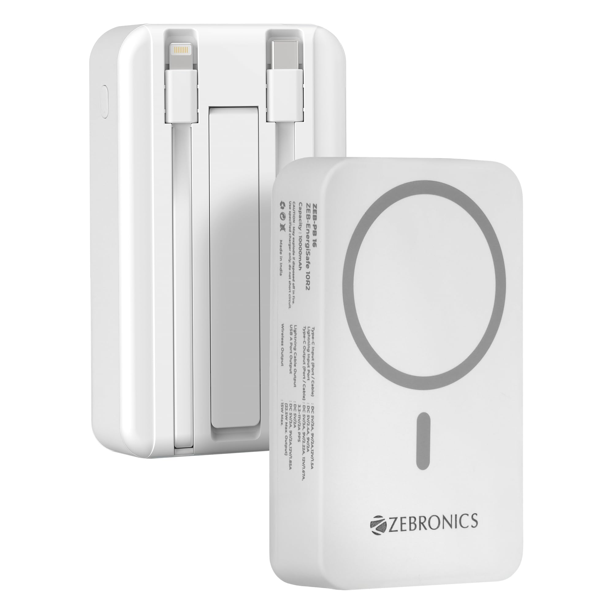 ZEBRONICS EnergiSafe 10R2, Magsafe 15W Wireless Power Bank, 10000 mAh, 22.5W Super Fast Charging PD (PPS), Built-in Stand, Type C & Lightning Cable, 5X Outputs, for iPhone, Airpods (White)-image-19