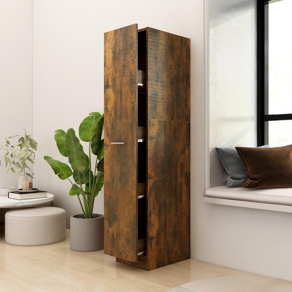Armario farmacéutico de madera de roble ahumado, 30 x 42,5 x 150 cm, con diseño extraíble, cajón, compartimento para oficina, salón, pasillo, sótano, taller, bandeja organizadora