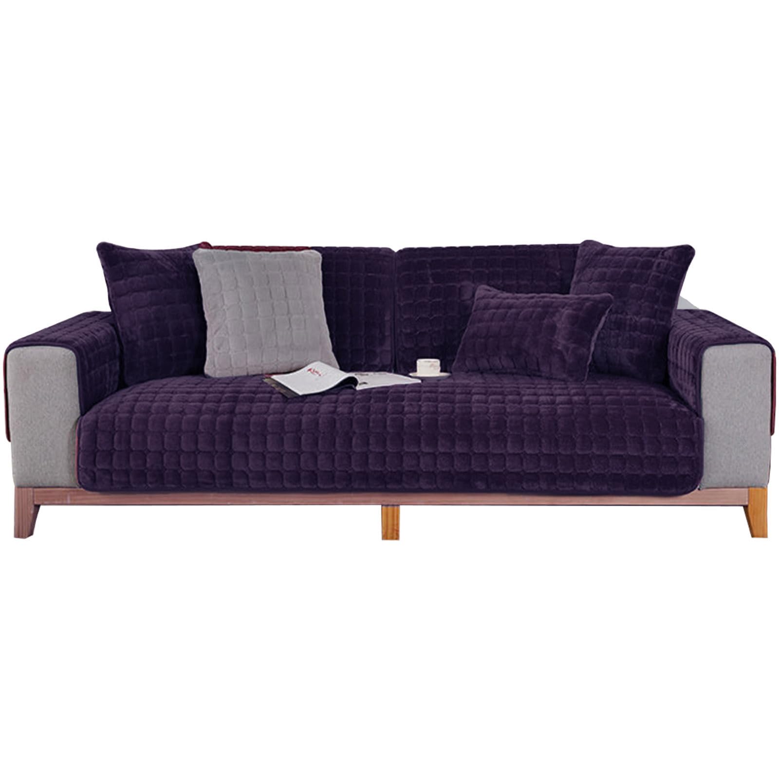Thdsubb Sofa Cover Quilted Sofa Slipcover 1/2/3/4 Seater Velvet Thick Couch Cover L Shape Warm Non Slip Furniture Protector (Dark purple,90cmx240cm)