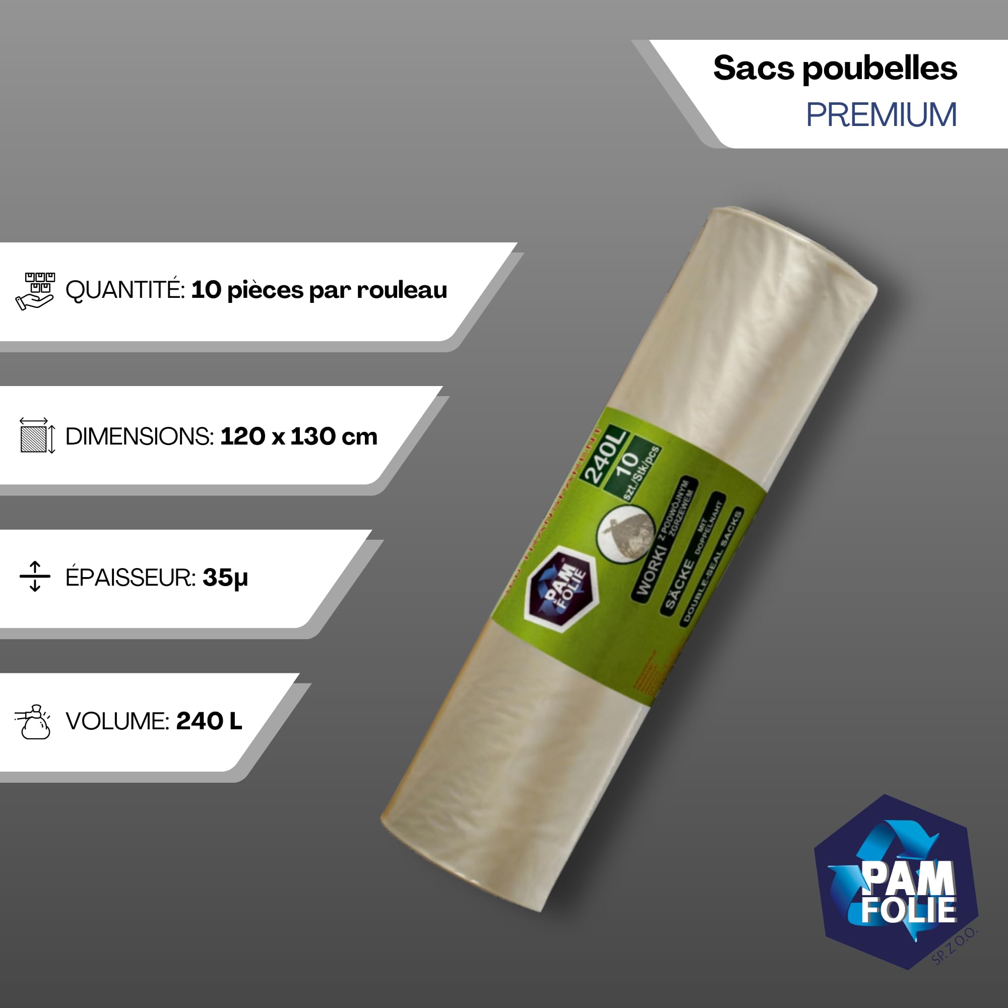 Sacs poubelle 240 L - 30 pièces - lot - Sacs XXL grands, résistants et épais - 120 x 150 cm - 35 µm - universels transparents - Sacs pour déchets de chantier, polystyrène