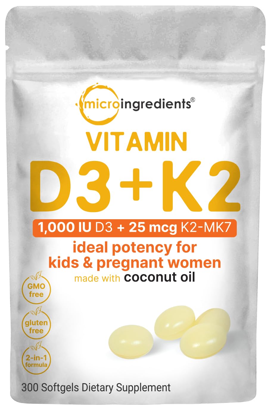 Micro Ingredients Vitamin D3 1,000 iu Plus K2 (MK-7) 25 mcg, 300 Virgin Coconut Oil Softgels | 2 in 1 Vitamins D & K Complex | Ideal Potency for Kids & Pregnant Women â Easy to Swallow