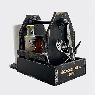 Wooden Grill Caddy Organizer - Versatile BBQ Caddy for Outdoor grill - Portable rustic wood condiment and paper towel holder with bottle opener for picnic and grilling (Black)