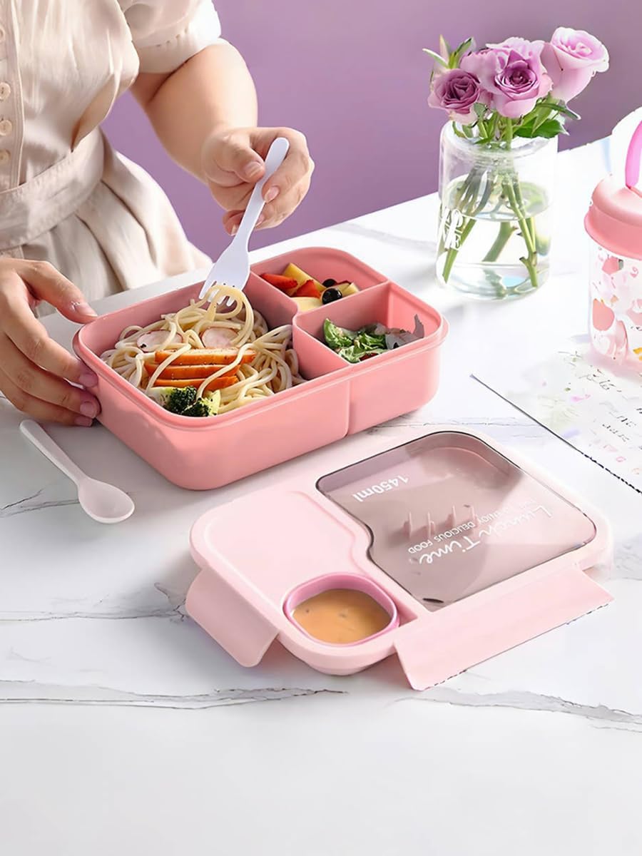 Bento Box, 1450 ml Lunch Box with Spoon and Fork, Lightweight, Easy to Carry Meal Holder with 3 Compartments, Leak-Proof, BPA-Free, Perfect for Eating Out (Pink)