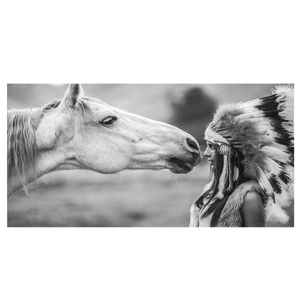Toile indienne pour grand mur vide salon affiche scandinave portrait cheval noir et blanc 60x120