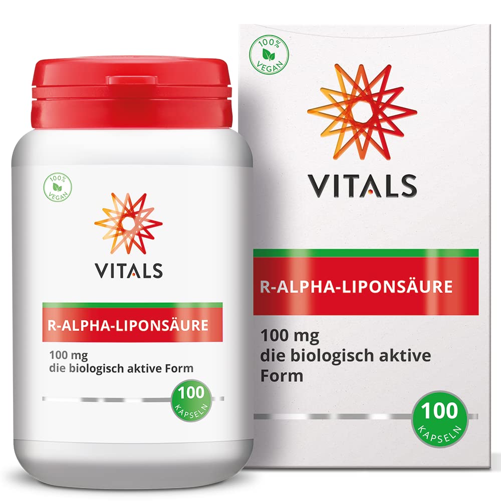 Vitals - R-Alpha-Liponsäure 100 Kapseln mit 100mg der biologisch aktiven Form. Mit Bio-enhanced Natrium-R-Lipoat von GeroNova. Stabil und mit hoher Bioverfügbarkeit.