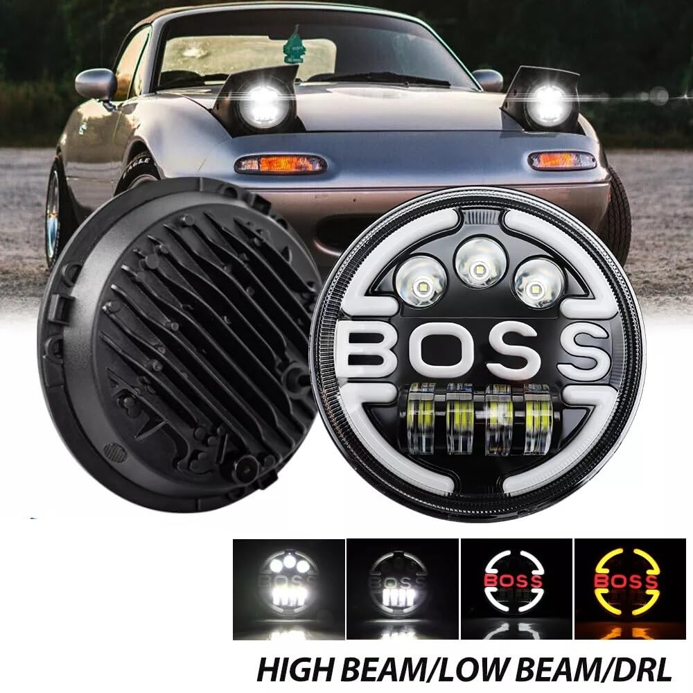 JJ Phare Avant à LED Rond 65W 12V 24V 7 pouces 6500 lm Feux de Route Croisement Diurne DRL BOSS Blanc/Ambre Clignotant Cable avec Prise Pour Moto Voiture Tout-terrain 4x4 Hors-route VTT