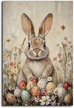 NTEUMM Easter Wall Art Print, Vintage Easter Rabbit & Wildflower Art, 24x36 inch Canvas Roll, Perfect for Bedroom, Living Room, Dormitory