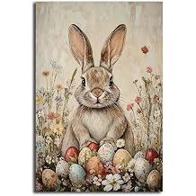 NTEUMM Easter Wall Art Print, Vintage Easter Rabbit & Wildflower Art, 24x36 inch Canvas Roll, Perfect for Bedroom, Living Room, Dormitory