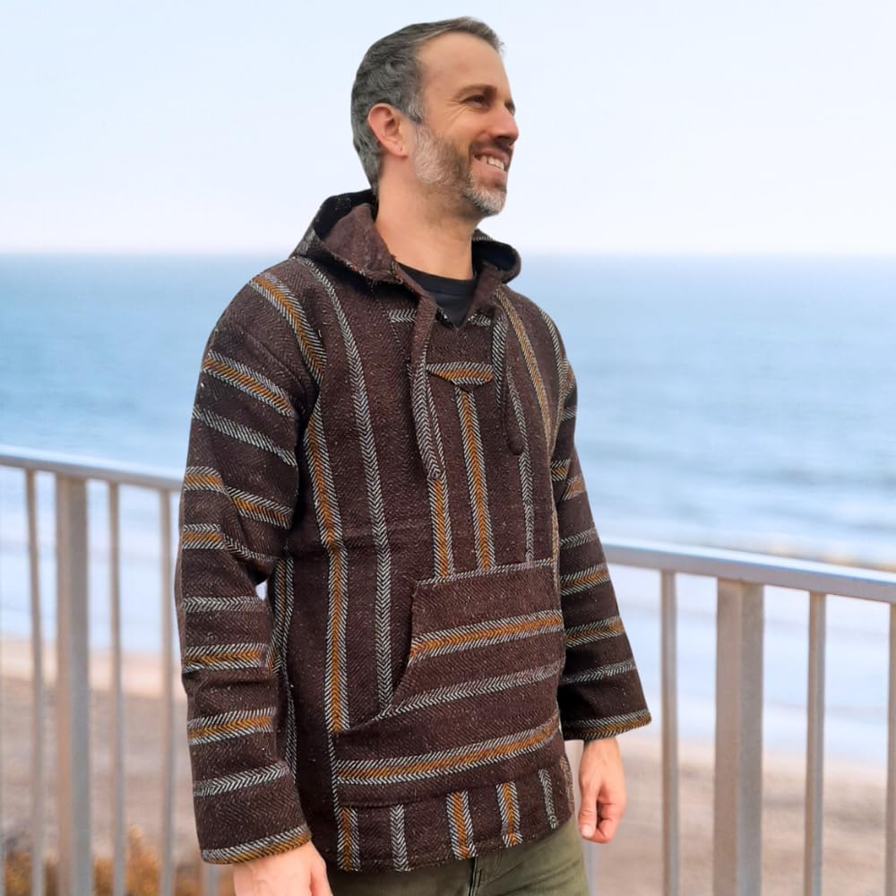 Authentic Mexican Baja Hoodie - Drug Rug Hoodie - Baja Poncho - Brown/Yellow - Image 5