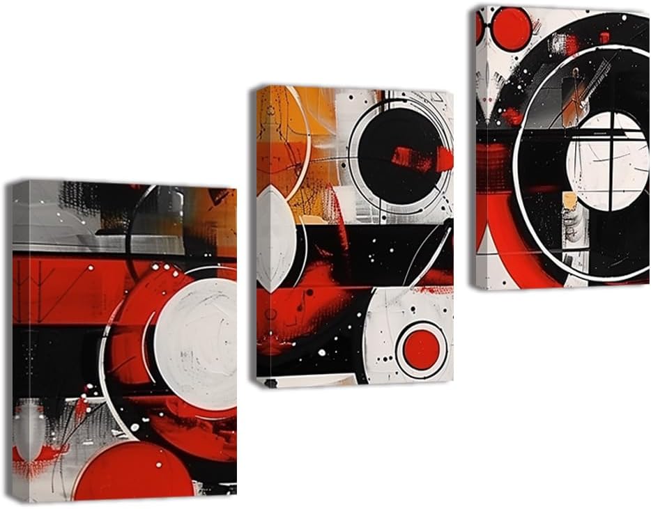 ZQQART 3 Pieces Large Abstract Canvas Wall Art Red and Gray Color Blocks Geometric Circle Picture Prints Living Room Bedroom Christmas Decor Framed(Black,12.00"x16.00"x3Pcs)