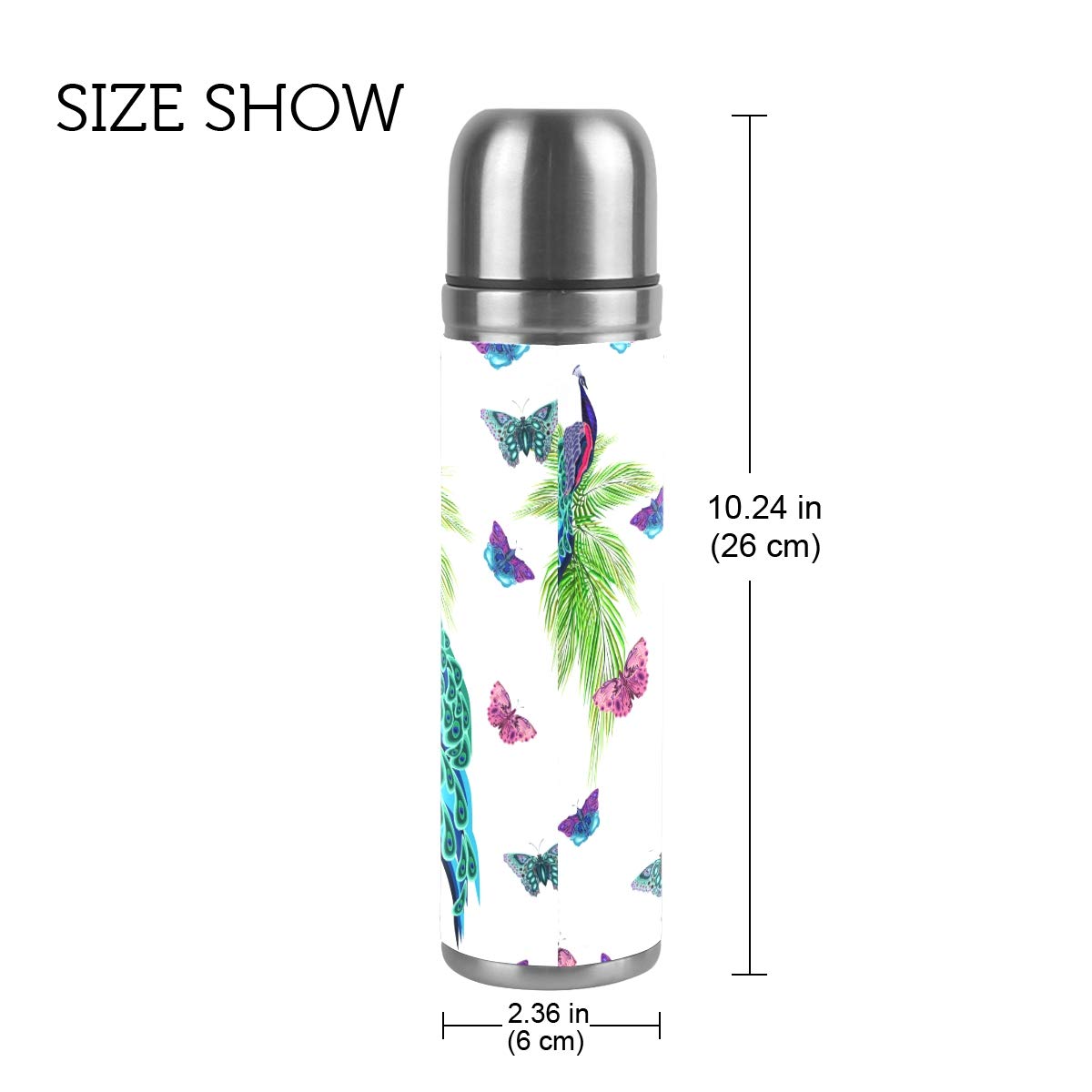 Taza de viaje de acero inoxidable con aislamiento al vacío, doble pared, a prueba de fugas, color pavo real, impresión personalizada impresa en piel auténtica, termo de 500 ml