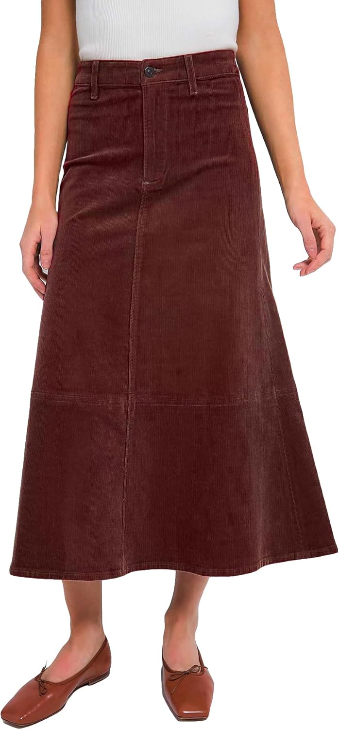 Kedera Women's Corduroy Midi Skirts High Waist A-Line Midi Length Skirt Long Winter Skirts Casual Button Front Skirts