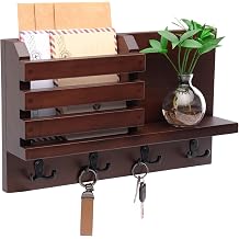 Key Holder Wall Mount with Shelf, Mail Organizer, Solid Pine, Hooks, Walnut