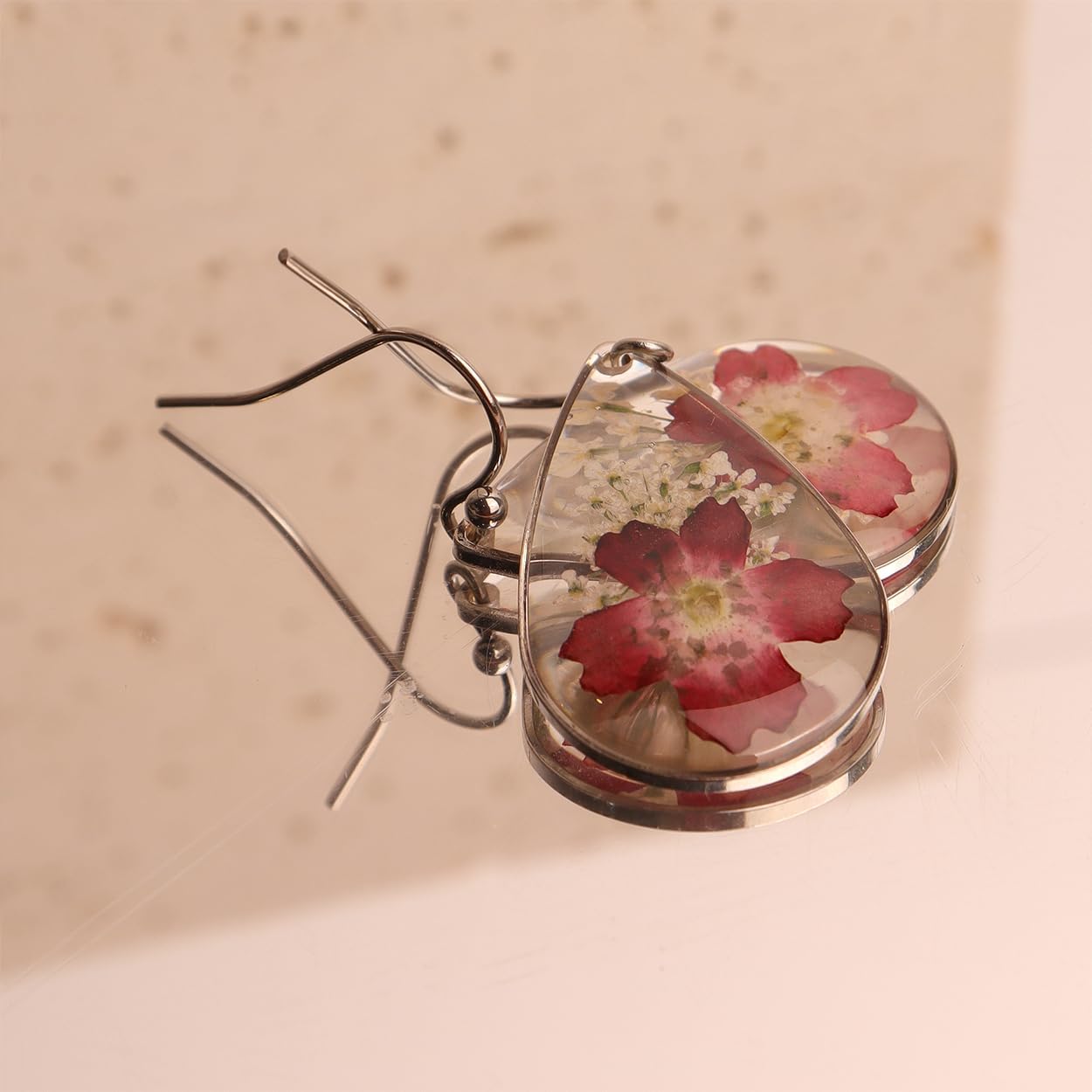 Jean Beau 925 Sterling Silver Pressed Flower Earrings for Women, Handmade Hypoallergenic Resin Dried Flower Teardrop Dangle Earrings, Nature Floral Jewelry Gift for Mom and Wife - Image 9