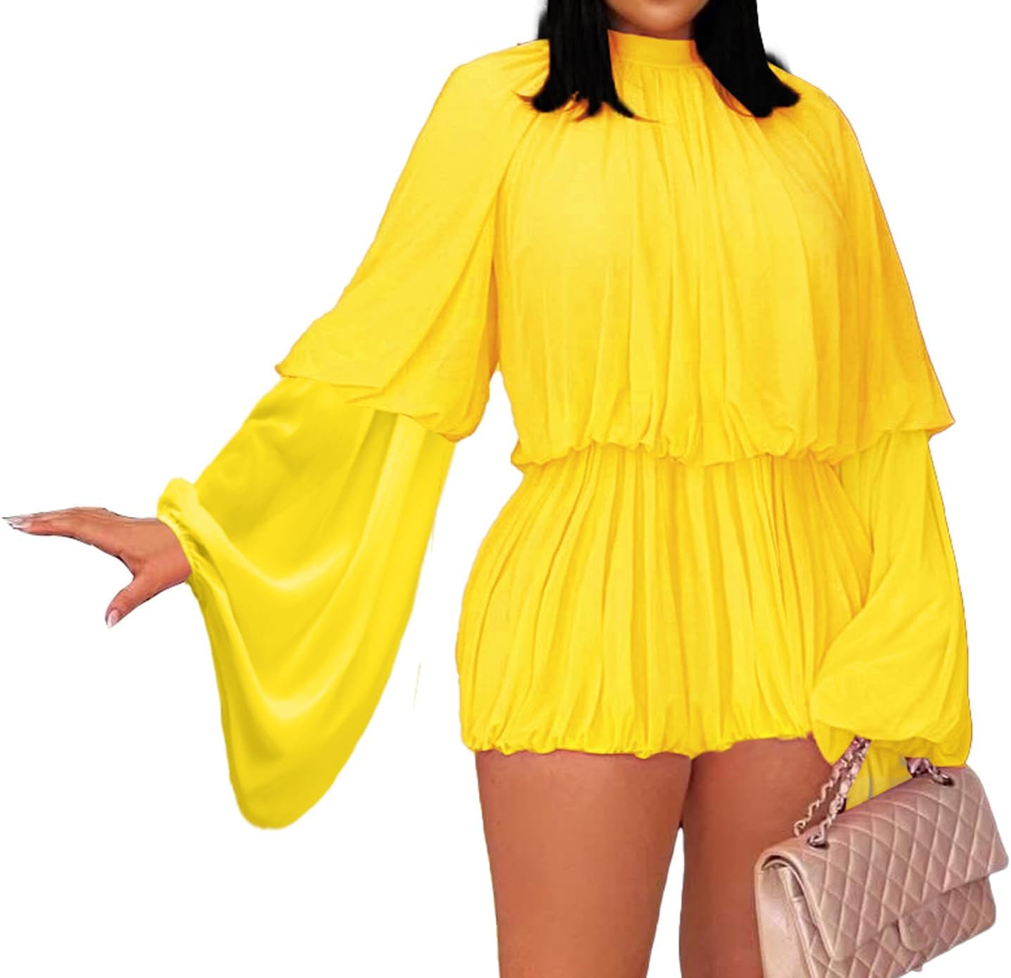 Womens Two Piece Outfits Sexy Going Out Long Flared Sleeve Crop Top Pleated Mini Skort Skirt Sets Chiffon Mini Dress