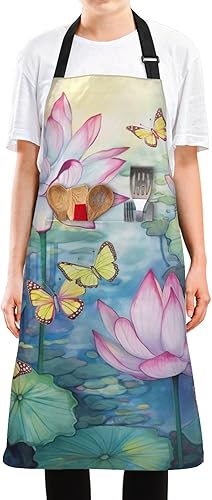 Miniatura 2 de Jihqo Adjustable Bib Apron Butterfly Lotus Flowers Cooking Kitchen Aprons with Pockets, Chef Aprons for Men Women BBQ Baking