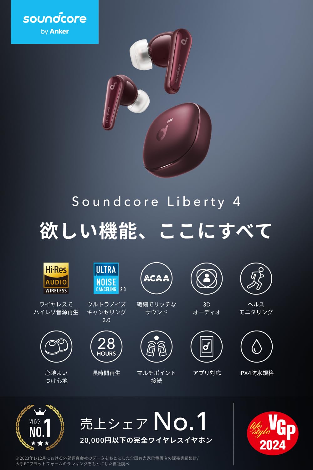 Amazon.co.jp: Anker Soundcore Liberty 4 ワインレッド | 【完全