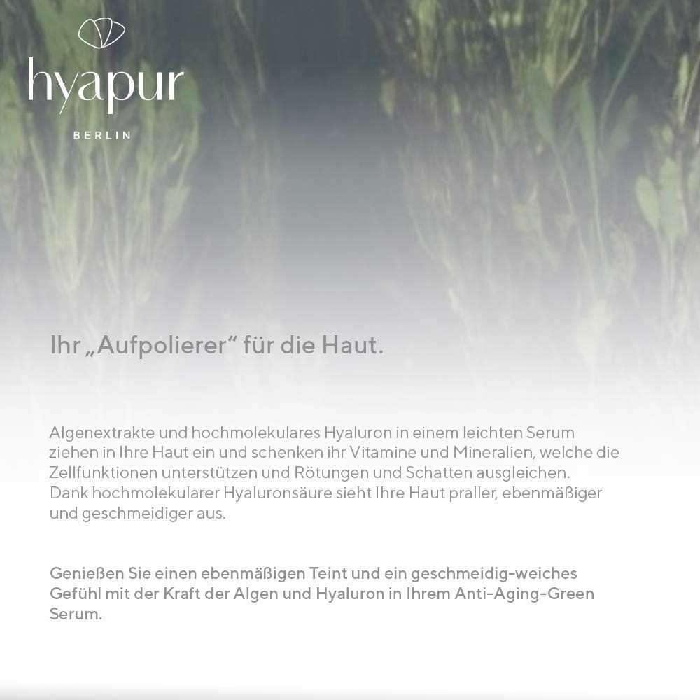 hyapur ® - GREEN Serum 15ml, für einen ebenen Teint und wache Augen, mit Hyaluronsäure und Algenextrakten für Gesicht, Hals und Dekolleté - aus der Hyaluron Algen Serie