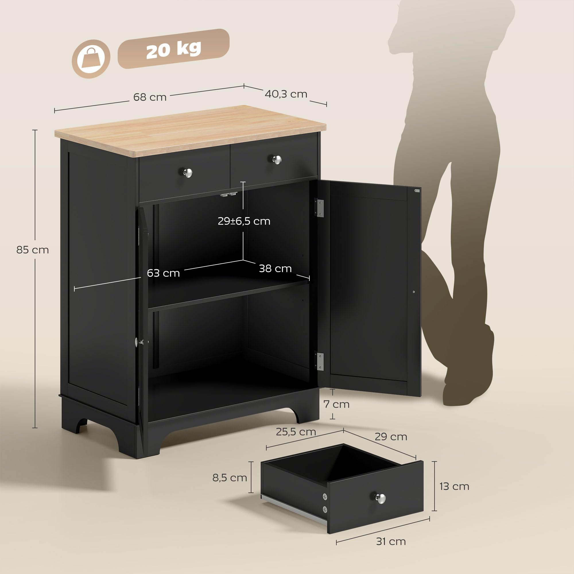 HOMCOM Meuble de Rangement Buffet Salon avec placards à Portes, 2 tiroirs et étagère réglable, Armoire de Rangement pour Salon, Cuisine, Chambre, Noir et Bois Naturel