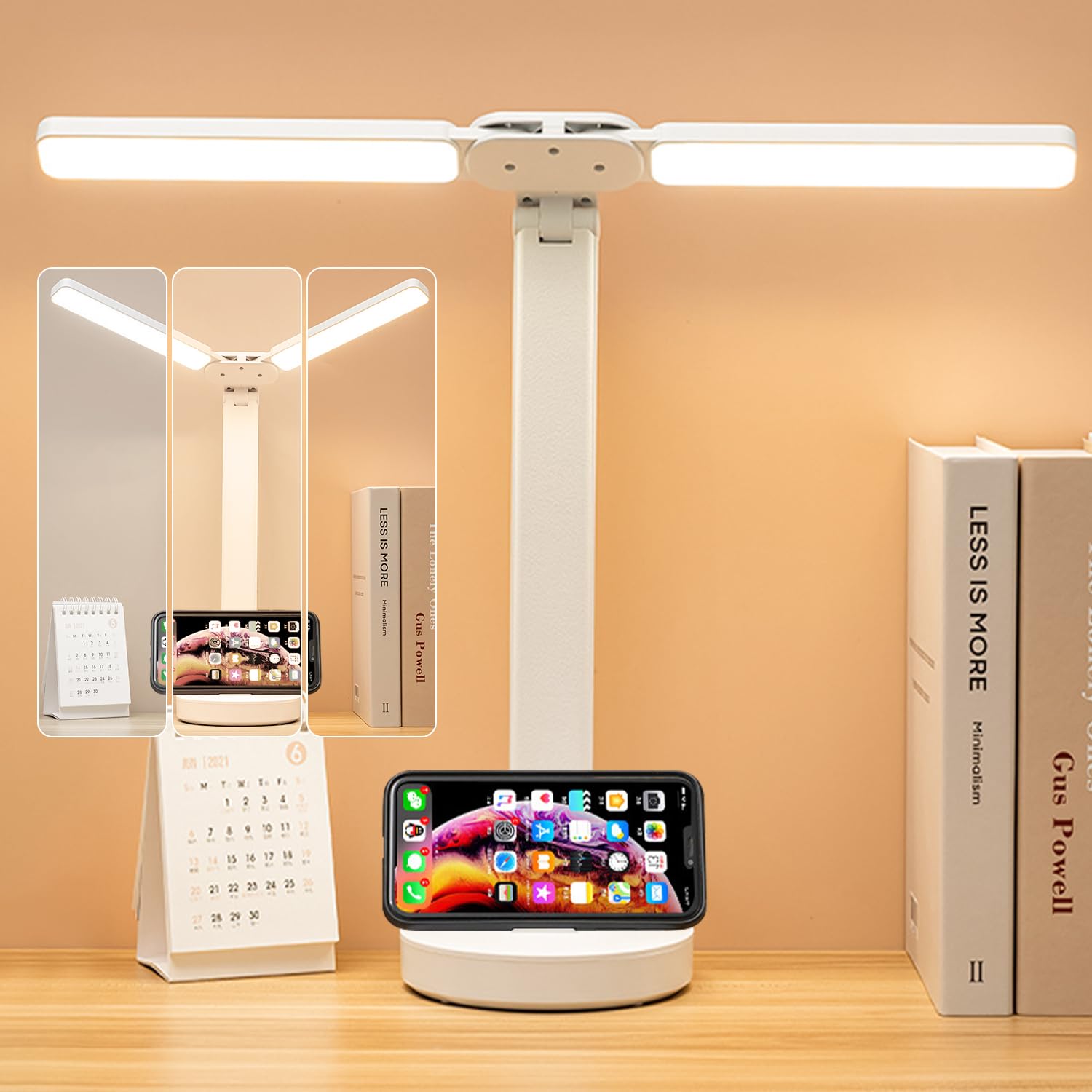 Necomi Double Head LED Desk Lamp, Table Lamp, Rechargeable, Eye-Caring, Touch Control With USB Charging Port-Bedside Table Lamp for Reading, Study Lamp for Kids, Home, Office, White