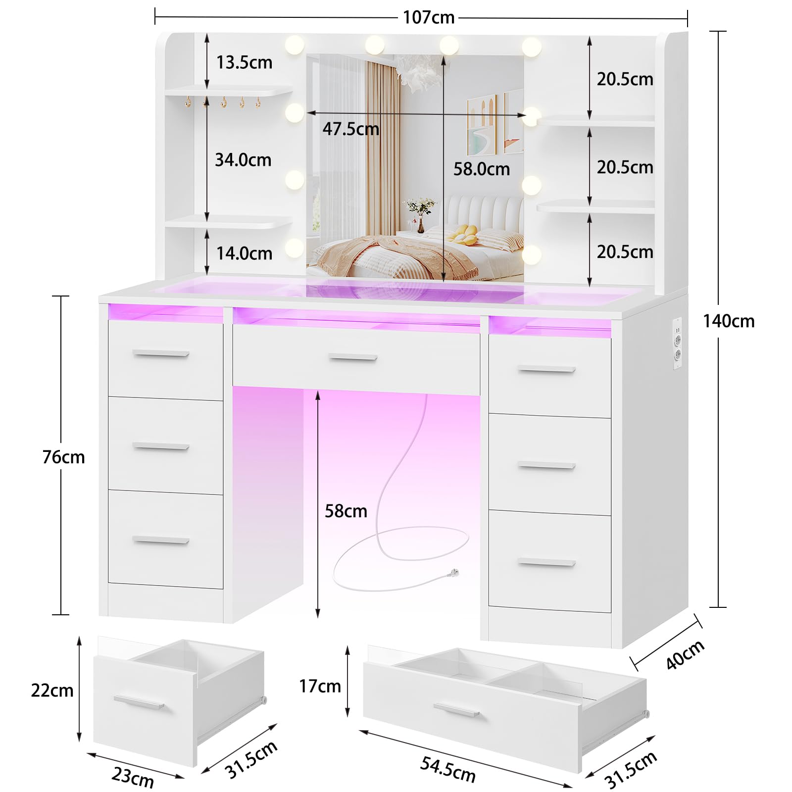 Coiffeuse avec Miroir LED et Éclairage RGB 3 Couleurs, Plateau en Verre Trempé – Table de Maquillage avec Prise, 7 Tiroirs + 5 Crochets, luminosité réglable, Blanc