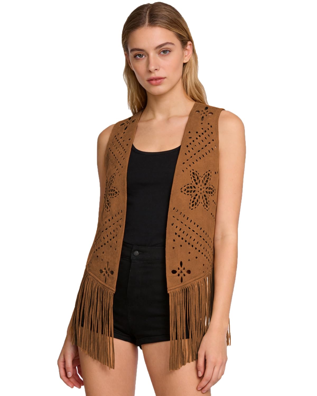 Western Cowgirl Costume Outfits 60s 70s Sleeveless Waistcoat Vest Retro Leather Cowboy Hat Hollow Fringe Jackets Hippie Costume Fancy Dress Set for Halloween Carnival Cosplay Party (brown(Vest), XXL)