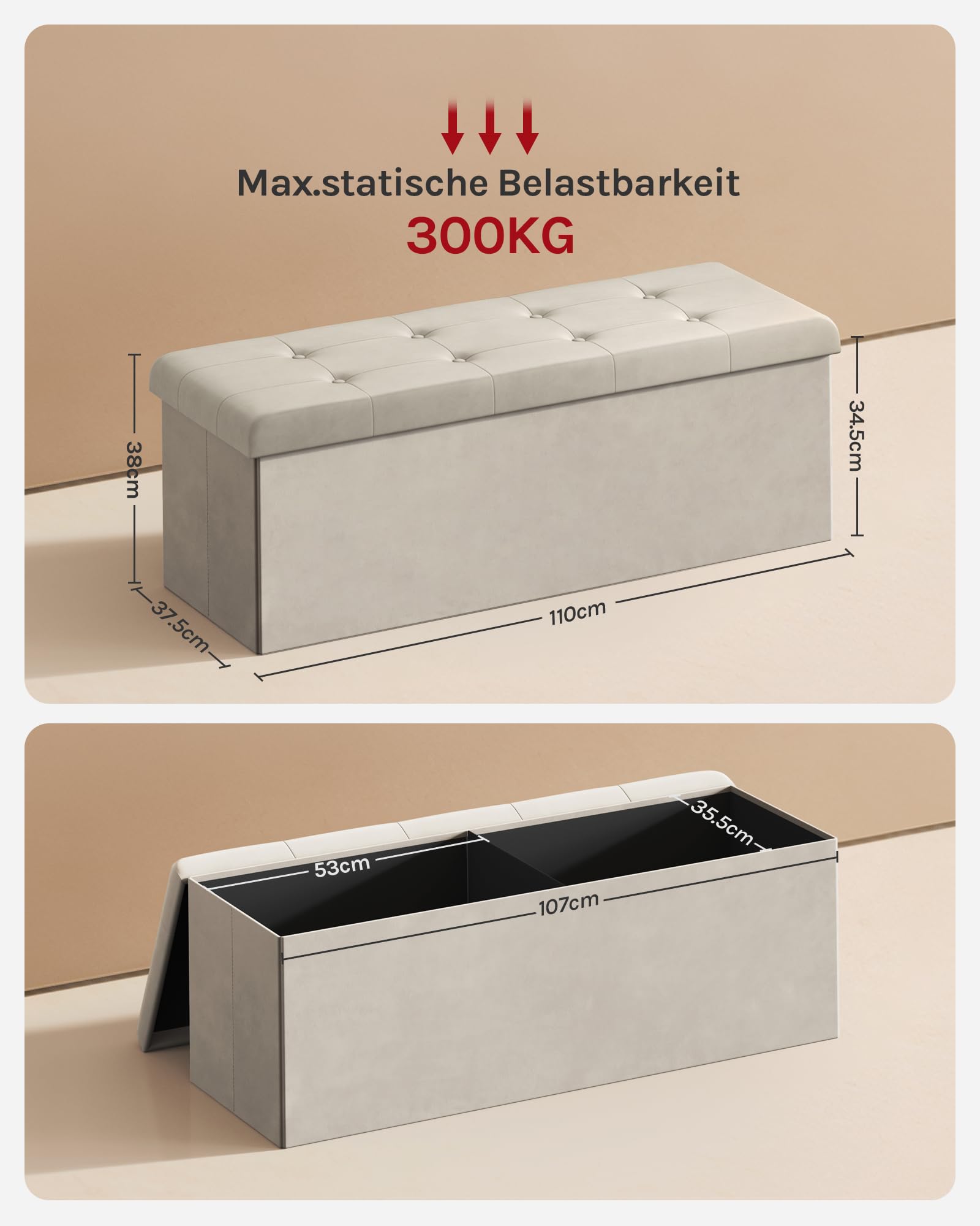 WOLTU Sitzbank mit Stauraum 110 cm, Truhe mit Stauraum 118 L faltbar, Sitztruhe Sitzbox Aufbewahrungsbox klappbar, Bettbank Schlafzimmer, belastbar bis 300 kg, aus Samt, Cremeweiß