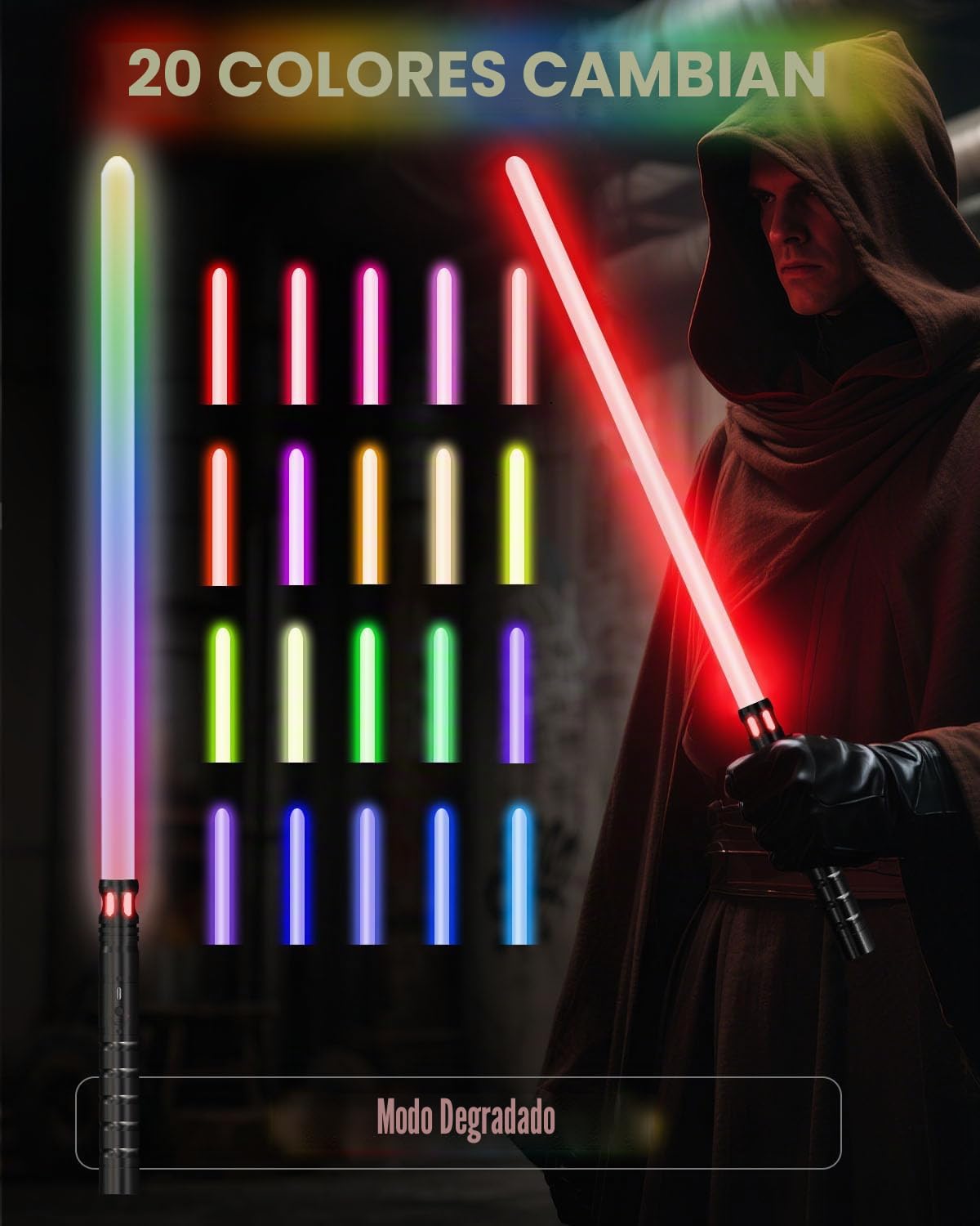 Sabre Laser, Sable Laser Niño con 15 colores, Duelo de sable láser para 4 modos y sonidos, Sable Laser Niños con carga USB-C, Ya sea que la fuerza esté contigo(2.0) 2PC)