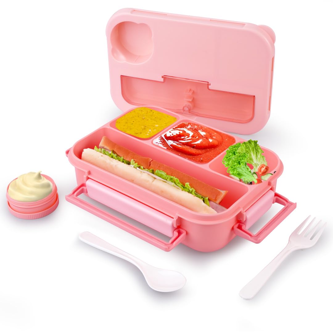 ATTRO Proton 4 Compartment Lunch Box with Small Container & Spook, Fork Included Snap Lock Design Leak-Proof BPA Free Food Grade-1550ml Peach
