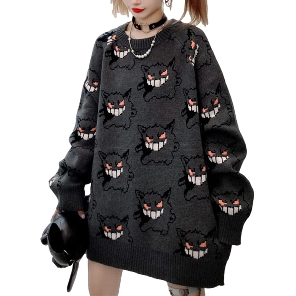 BZB Women's Devil Oversized Sweater Batwing Long Sleeve Sweaters Casual BF Harajuku Gothic Loose Knit Pullover Jumper Tops - Grey Large
