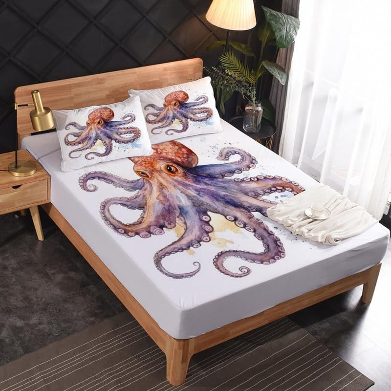 Miniatura 2 de Sábanas de pulpo tamaño Queen Sábanas Kraken de microfibra suave, bolsillo profundo, sábanas y fundas de almohada estampadas sin arrugas, 4 piezas