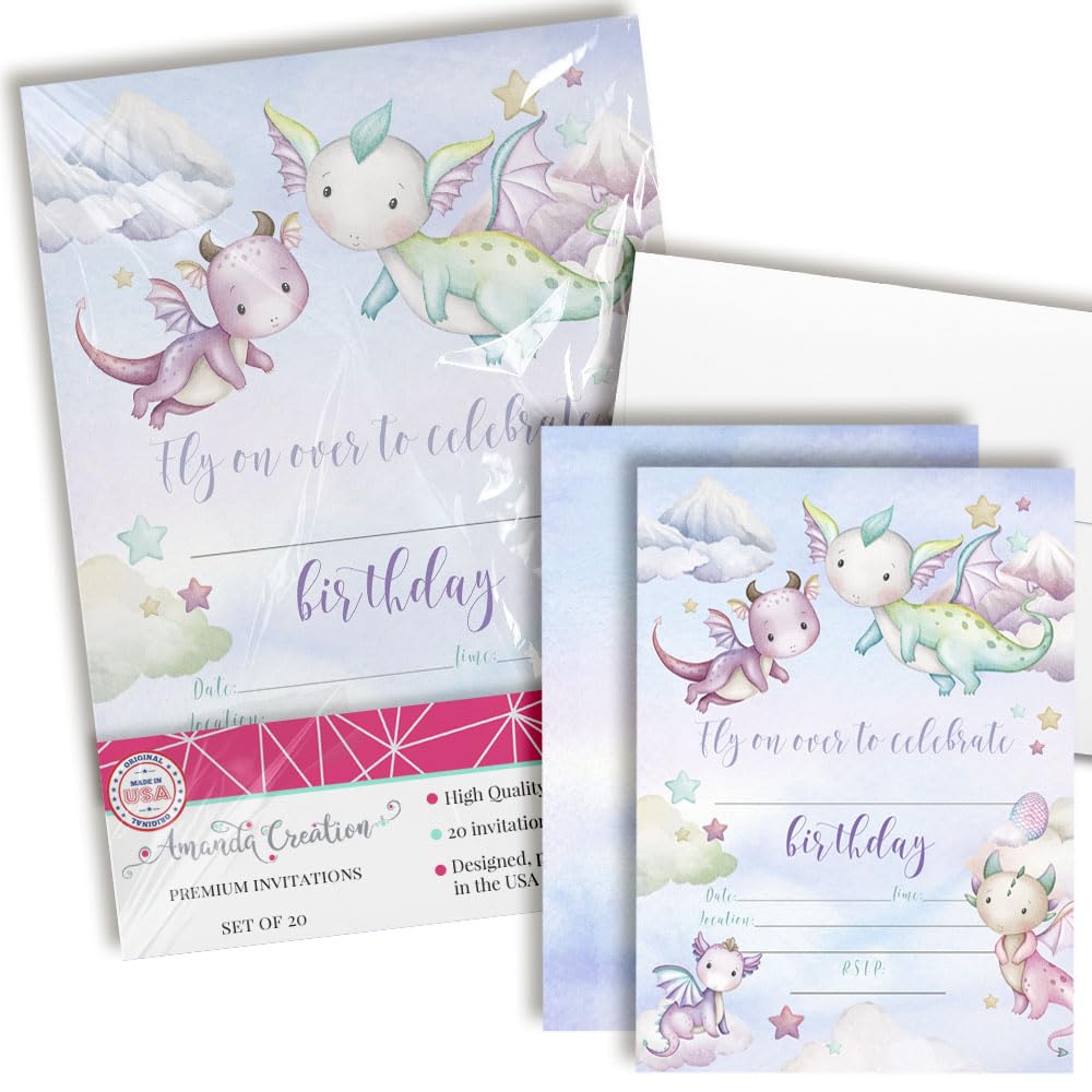 Little Dragon Enchanted Dragon Land Theme 20 Birthday Invitations 5x7 Double-Sided Fill-In Cards with Envelopes, Girls Party Stationery Set, Fantasy