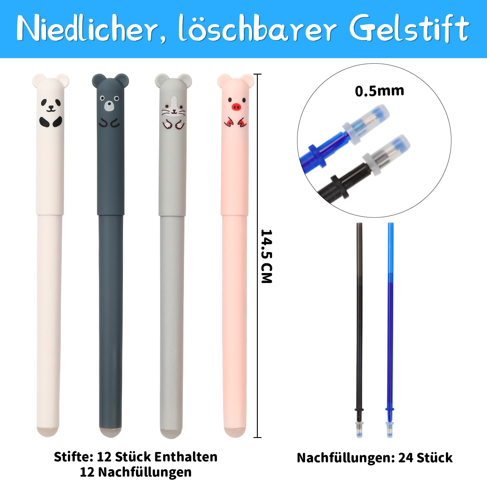 WUFANC Set di Penne Cancellabili per Scuola Elementare - 12 Penne a Sfera Cancellabili + 24 Ricarica Penna Cancellabile - Penna Cancellabile da 0,5 mm, Cose per La Scuola