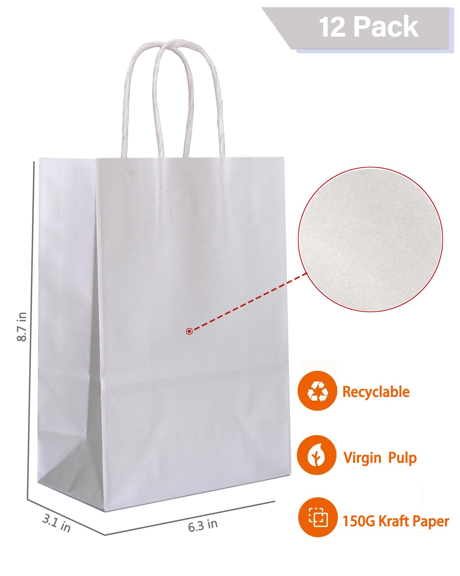 AZOWA Bronzing Silver Gift Bags Small Kraft Paper Bags with Handles (6.3 x 3.1 x 8.7 in, Silver, 12 Pcs)