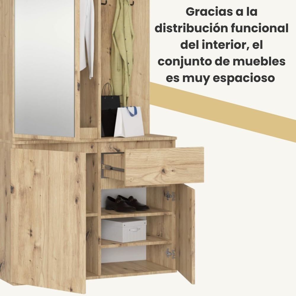 AKORD Mueble Recibidor con Espejo - 95 cm 3 Puertas, 1 Cajón, 7 Estantes para Zapatos y Bolsos - Entraditas Recibidores Modernas y Estilo Industrial - Roble Artesanal
