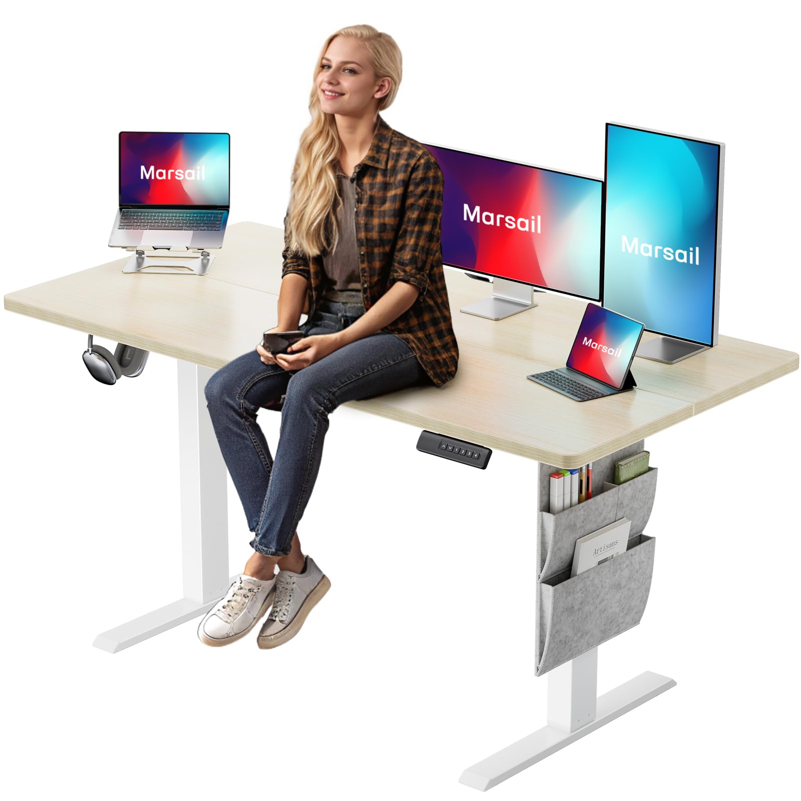 Marsail Electric Adjustable Height Standing Desk with Storage Bag, 55 * 24" Sit Stand Up Desk for Home Office,Computer Gaming Workstation, 4 Memory