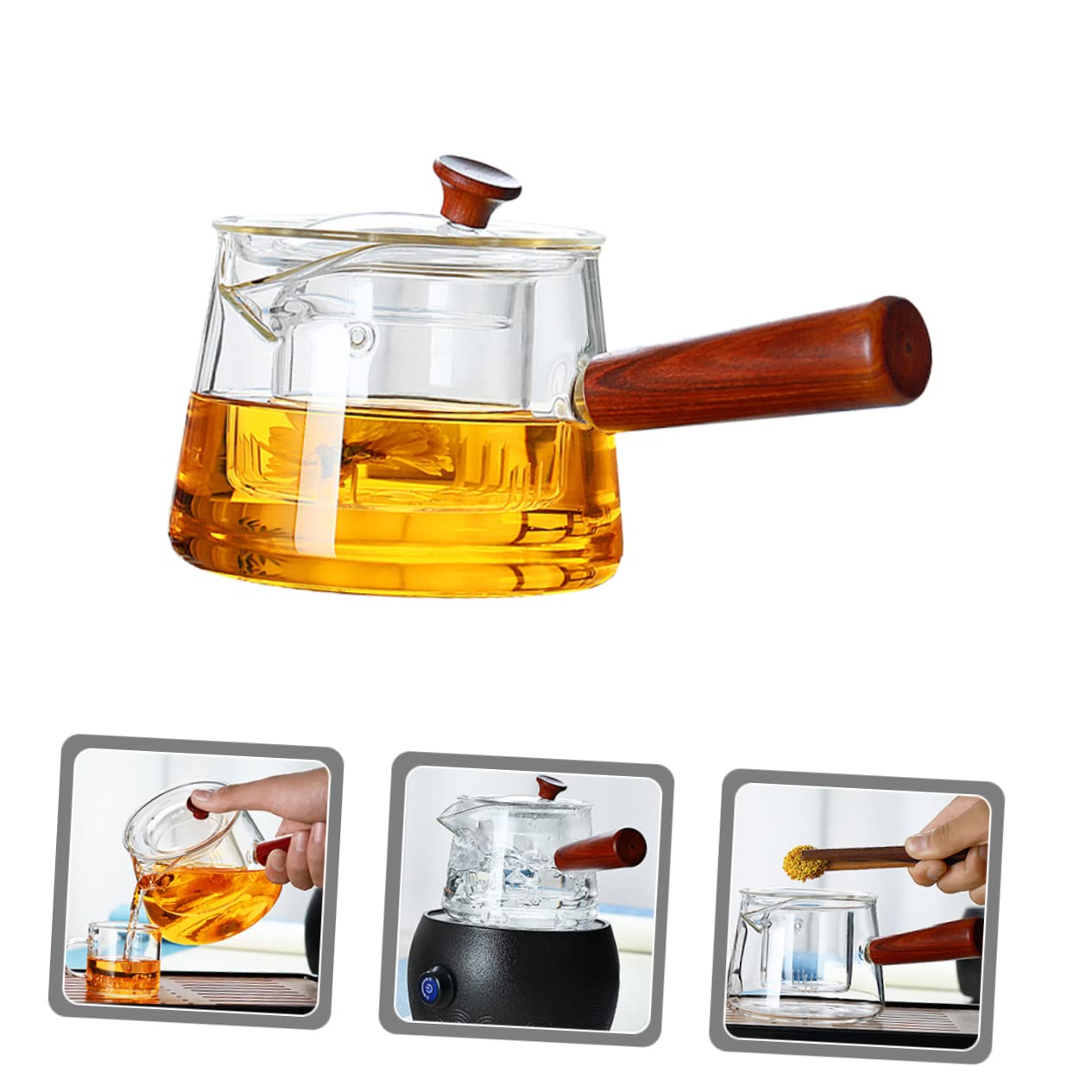 VALICLUD Teekanne aus Hitzebeständigem Glas mit Holzgriff 500ml Glas Teekessel mit Siebeinsatz für Losen Tee und Teebeutel Transparente Haushalts Teekanne für Täglichen Gebrauch