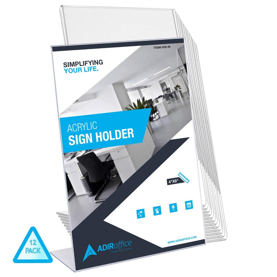 AdirOffice Slant-Back Photo-Sign Holder Ad Frame – Side Insert – Clear Acrylic (12 Pack, 4x6 Portrait)